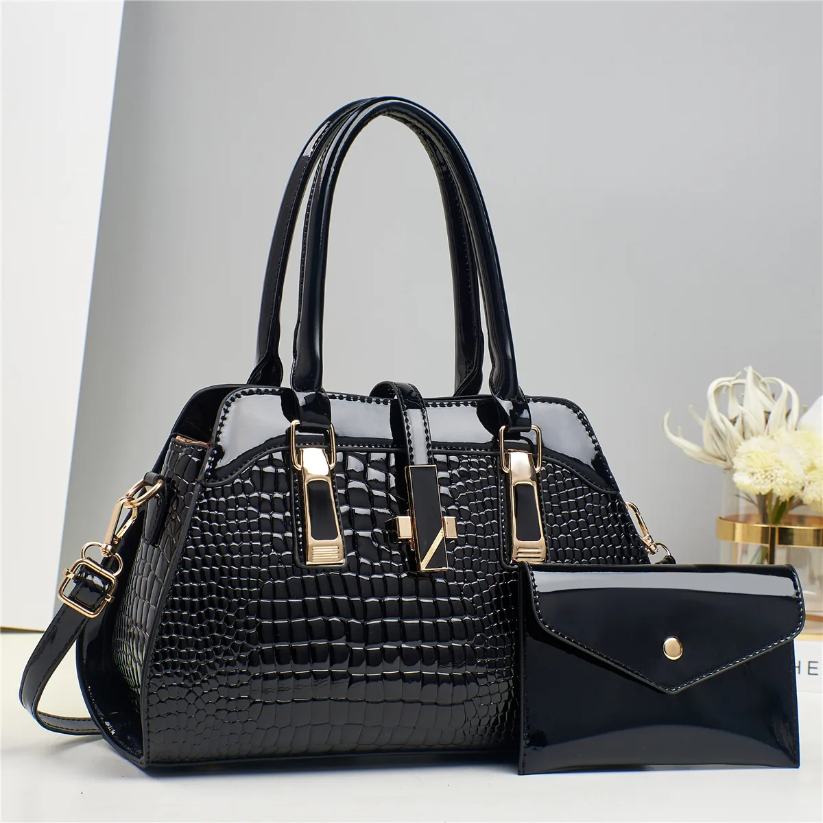 Saf249ba186d44b72b31f2ae17d1f2166f.webp Luxury Brand Crocodile Handbag Women Tote Bag Bright Leather Women Purse Shoulder Bag Female Top-handle Bags Commuting Shopping - Image 1